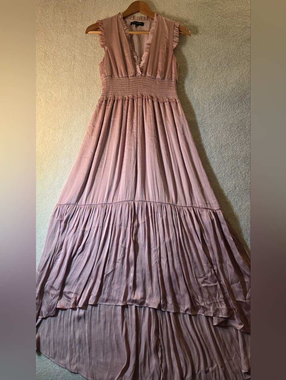Banana Republic Soft Satin Ruffled High Low Maxi Dress Dusty Rose Womens 0